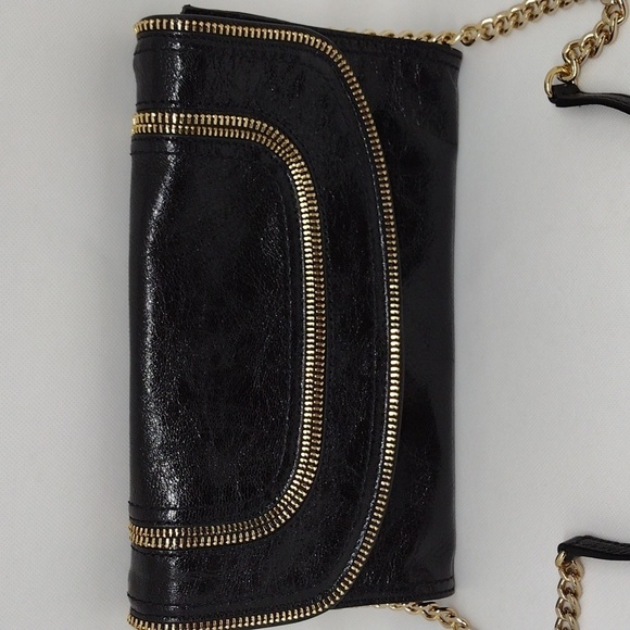 Michael Kors Naomi Black Leather Clutch with Detachable Gold Chain Strap - Picture 2 of 14